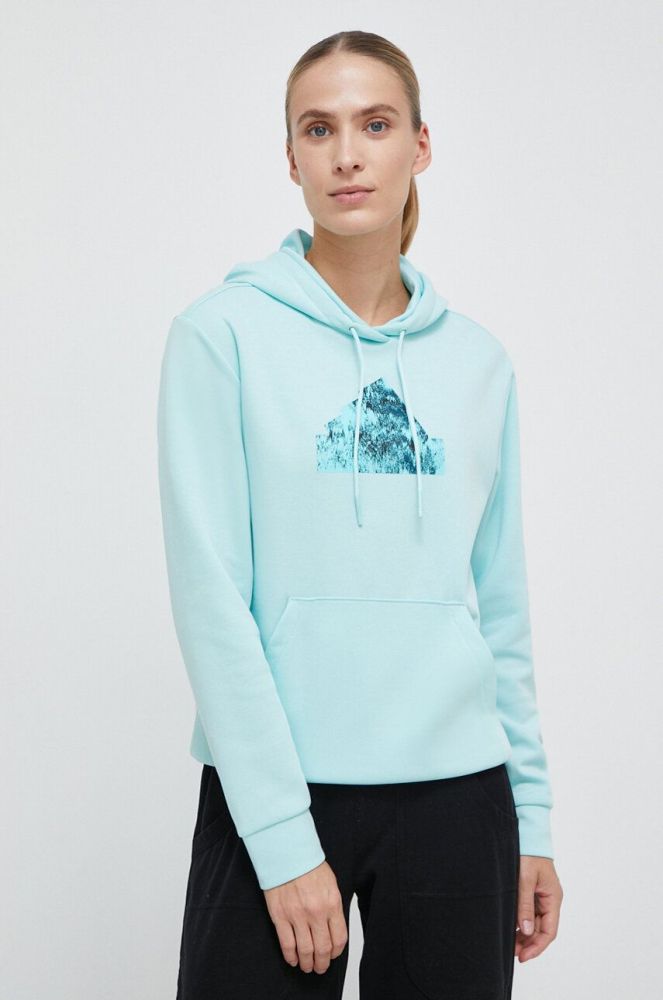 Кофта adidas жіноча колір бірюзовий з капюшоном з принтом