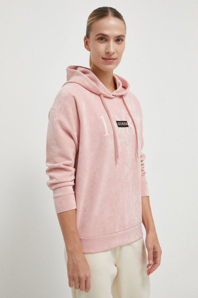 Кофта Guess жіноча колір рожевий з капюшоном з принтом (3545762)