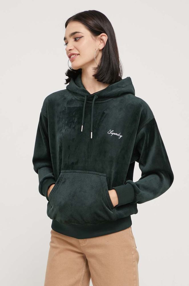 Кофта Superdry жіноча колір зелений з капюшоном однотонна (3601134)