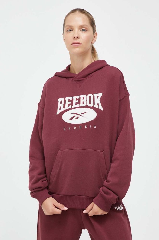 Бавовняна кофта Reebok Classic жіноча колір бордовий з капюшоном з аплікацією