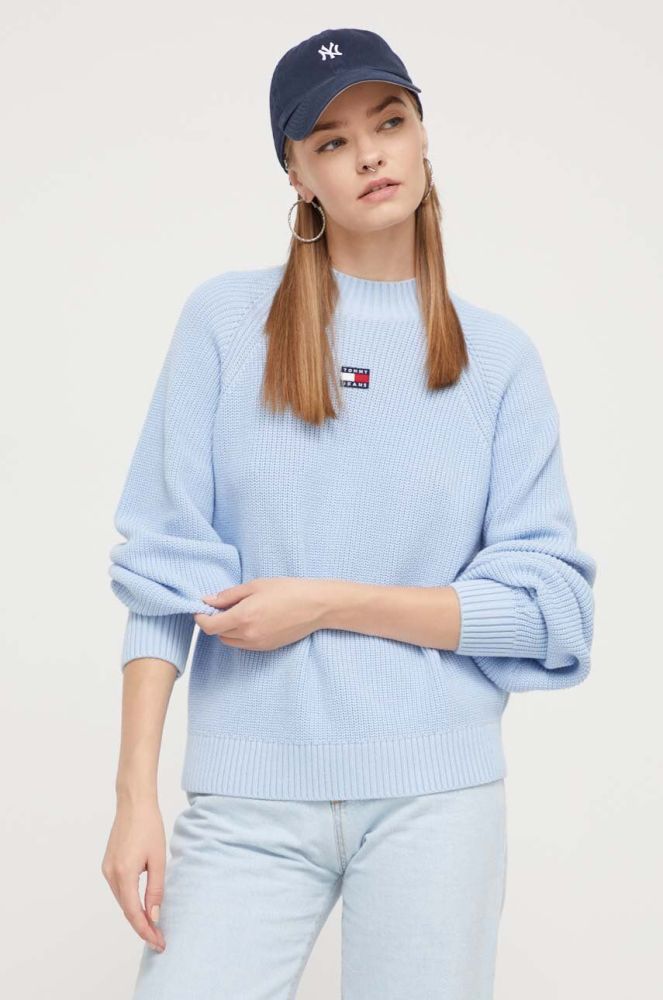 Бавовняний светр Tommy Jeans півгольф колір блакитний
