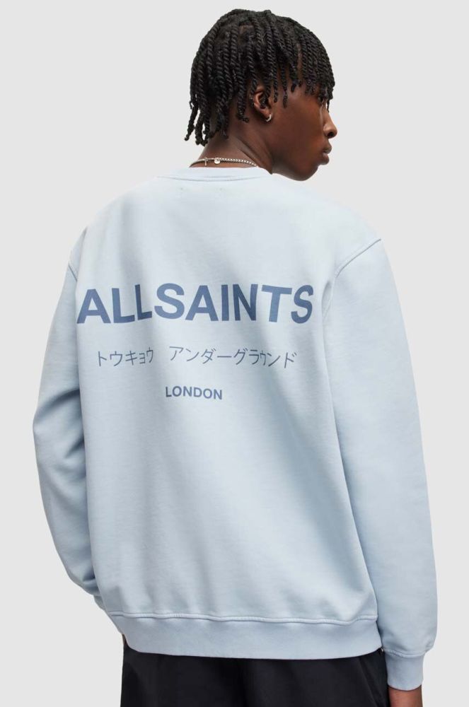 Бавовняний лонгслів AllSaints з принтом колір блакитний (3517723)