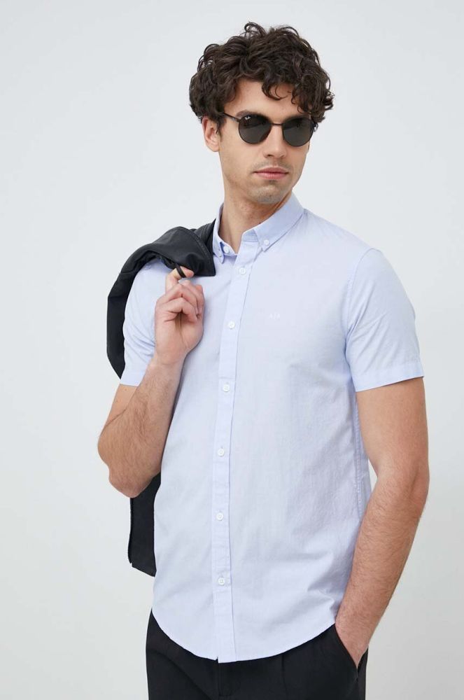 Бавовняна сорочка Armani Exchange чоловіча slim комір button-down колір блакитний